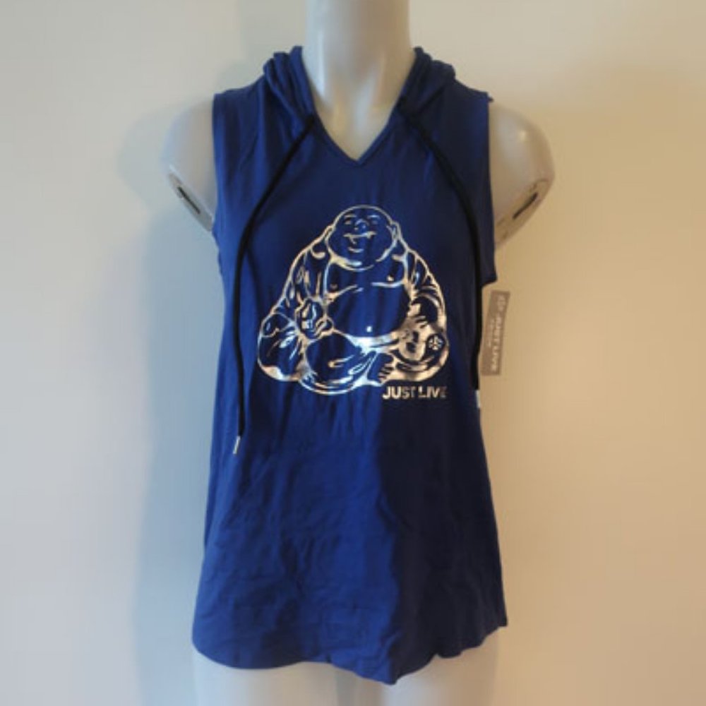 NWT Women Just Live Buddha Blue Hoodie Sleeveless Top Sz Small *